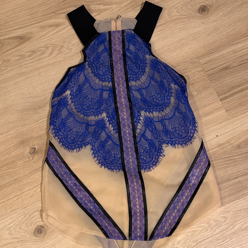Three Floor Beige and Blue Lace Top